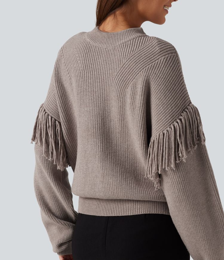 Pull de bureau à encolure arrondie, manches longues et franges