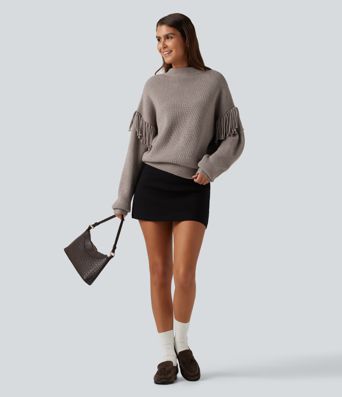 Pull de bureau à encolure arrondie, manches longues et franges