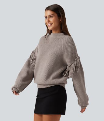 Pull de bureau à encolure arrondie, manches longues et franges
