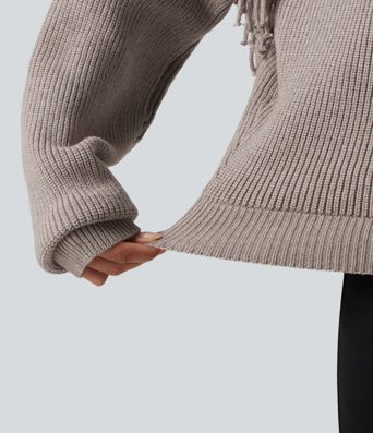 Pull de bureau à encolure arrondie, manches longues et franges
