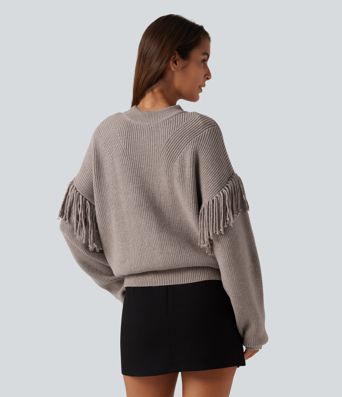 Pull de bureau à encolure arrondie, manches longues et franges