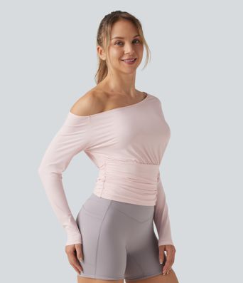 One Shoulder Long Sleeve Ruched InstantCool Yoga Sports Top-UPF50+ One Shoulder Long Sleeve Ruched InstantCool Yoga Sports Top-UPF50+