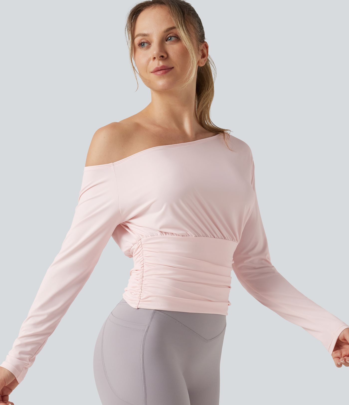 One Shoulder Long Sleeve Ruched InstantCool Yoga Sports Top-UPF50+ One Shoulder Long Sleeve Ruched InstantCool Yoga Sports Top-UPF50+