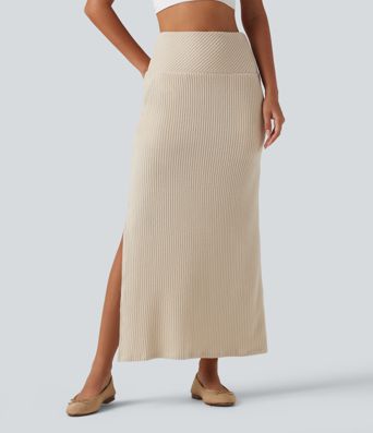Ribbed Knit High Waisted Split Maxi Casual Skirt with Pockets Ribbed Knit High Waisted Split Maxi Casual Skirt with Pockets