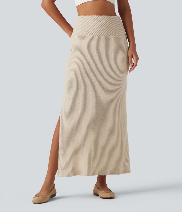 Ribbed Knit High Waisted Split Maxi Casual Skirt with Pockets Ribbed Knit High Waisted Split Maxi Casual Skirt with Pockets