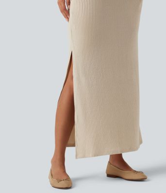 Ribbed Knit High Waisted Split Maxi Casual Skirt with Pockets Ribbed Knit High Waisted Split Maxi Casual Skirt with Pockets