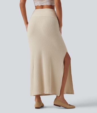 Ribbed Knit High Waisted Split Maxi Casual Skirt with Pockets Ribbed Knit High Waisted Split Maxi Casual Skirt with Pockets