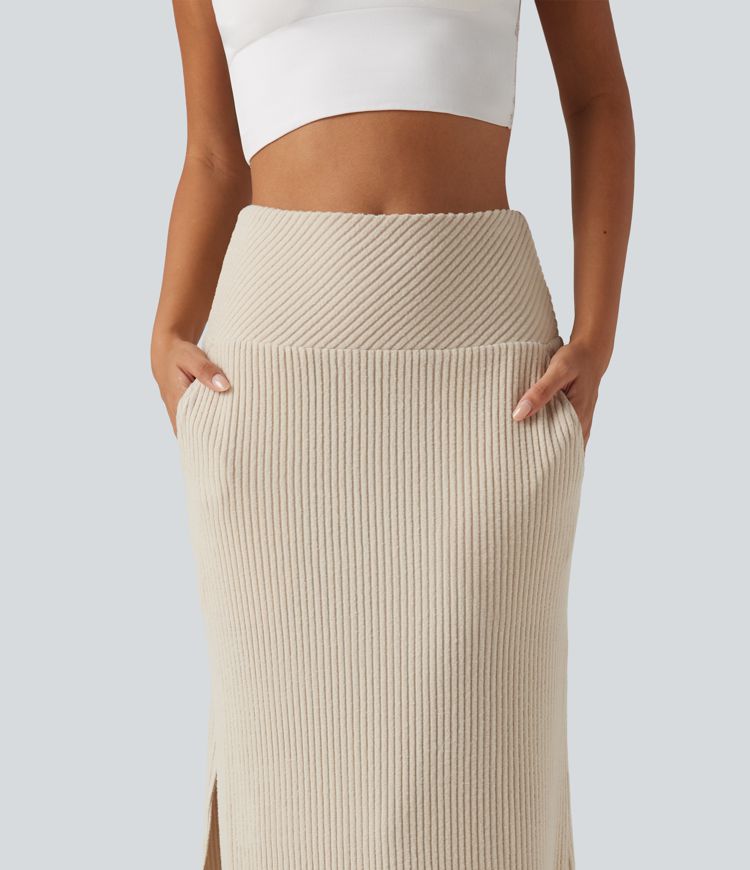 Ribbed Knit High Waisted Split Maxi Casual Skirt with Pockets Ribbed Knit High Waisted Split Maxi Casual Skirt with Pockets