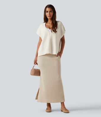 Ribbed Knit High Waisted Split Maxi Casual Skirt with Pockets Ribbed Knit High Waisted Split Maxi Casual Skirt with Pockets