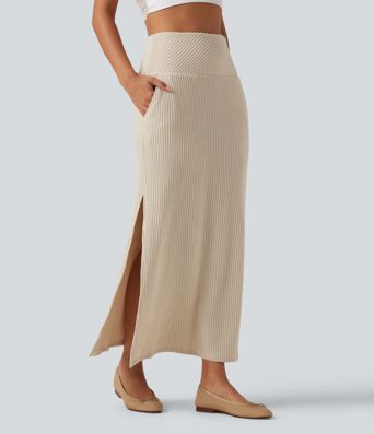 Ribbed Knit High Waisted Split Maxi Casual Skirt with Pockets Ribbed Knit High Waisted Split Maxi Casual Skirt with Pockets