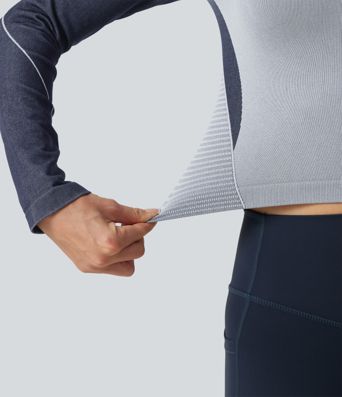 Yoga-Sport-Top mit Rundhalsausschnitt, langen Ärmeln und Farbblock