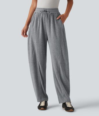 High Waisted Drawstring Barrel Leg Terry Casual Pants with Pockets