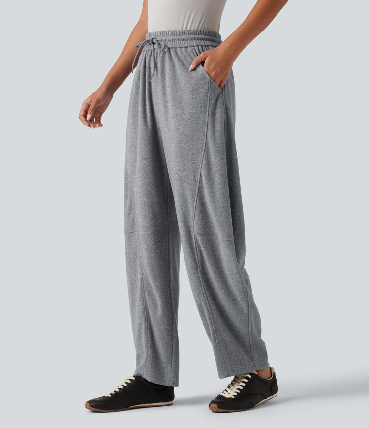 High Waisted Drawstring Barrel Leg Terry Casual Pants with Pockets