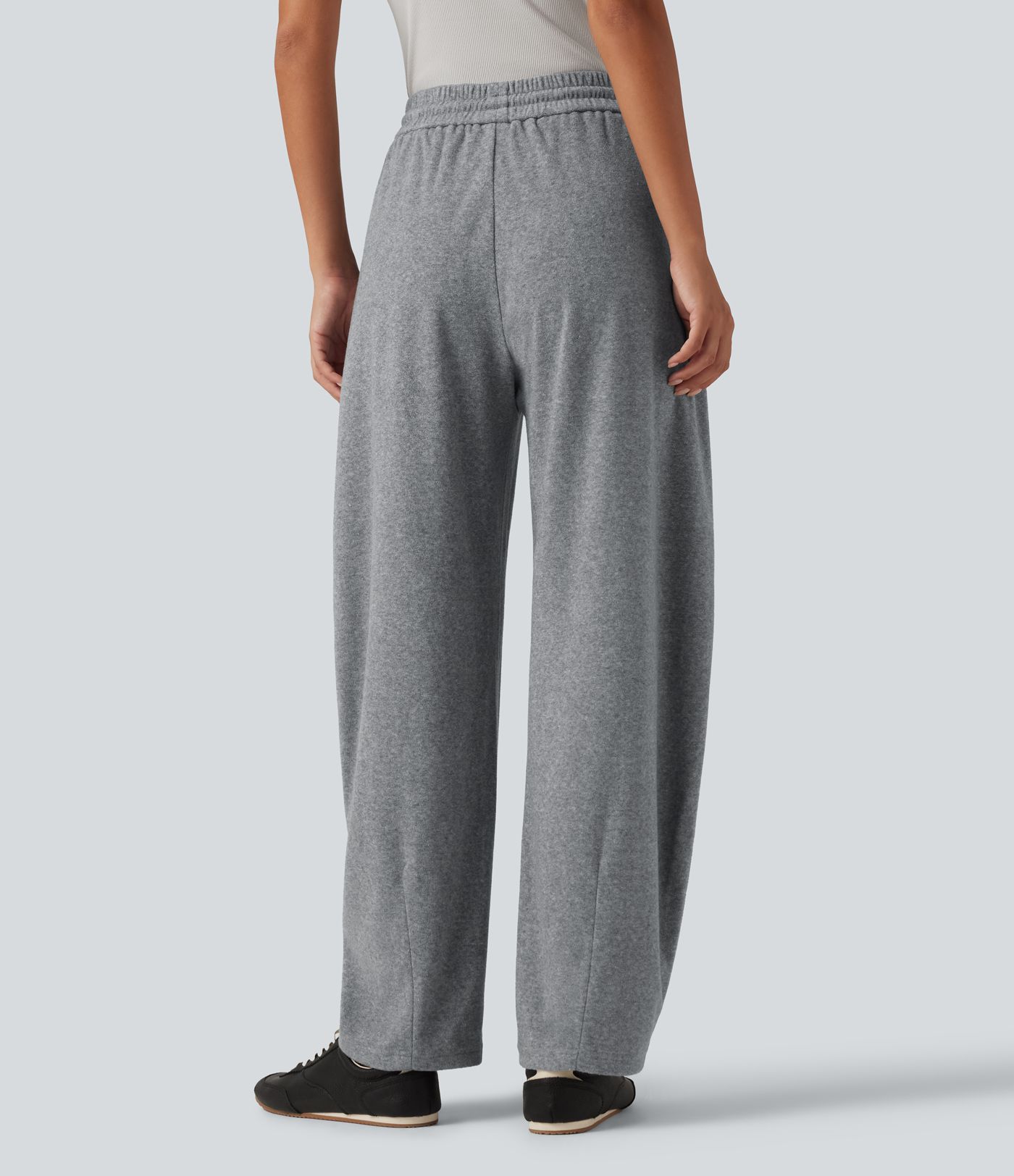 High Waisted Drawstring Barrel Leg Terry Casual Pants with Pockets