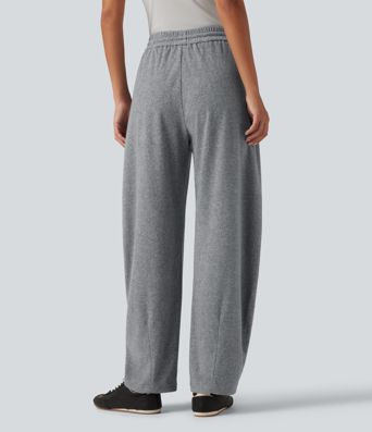 High Waisted Drawstring Barrel Leg Terry Casual Pants with Pockets
