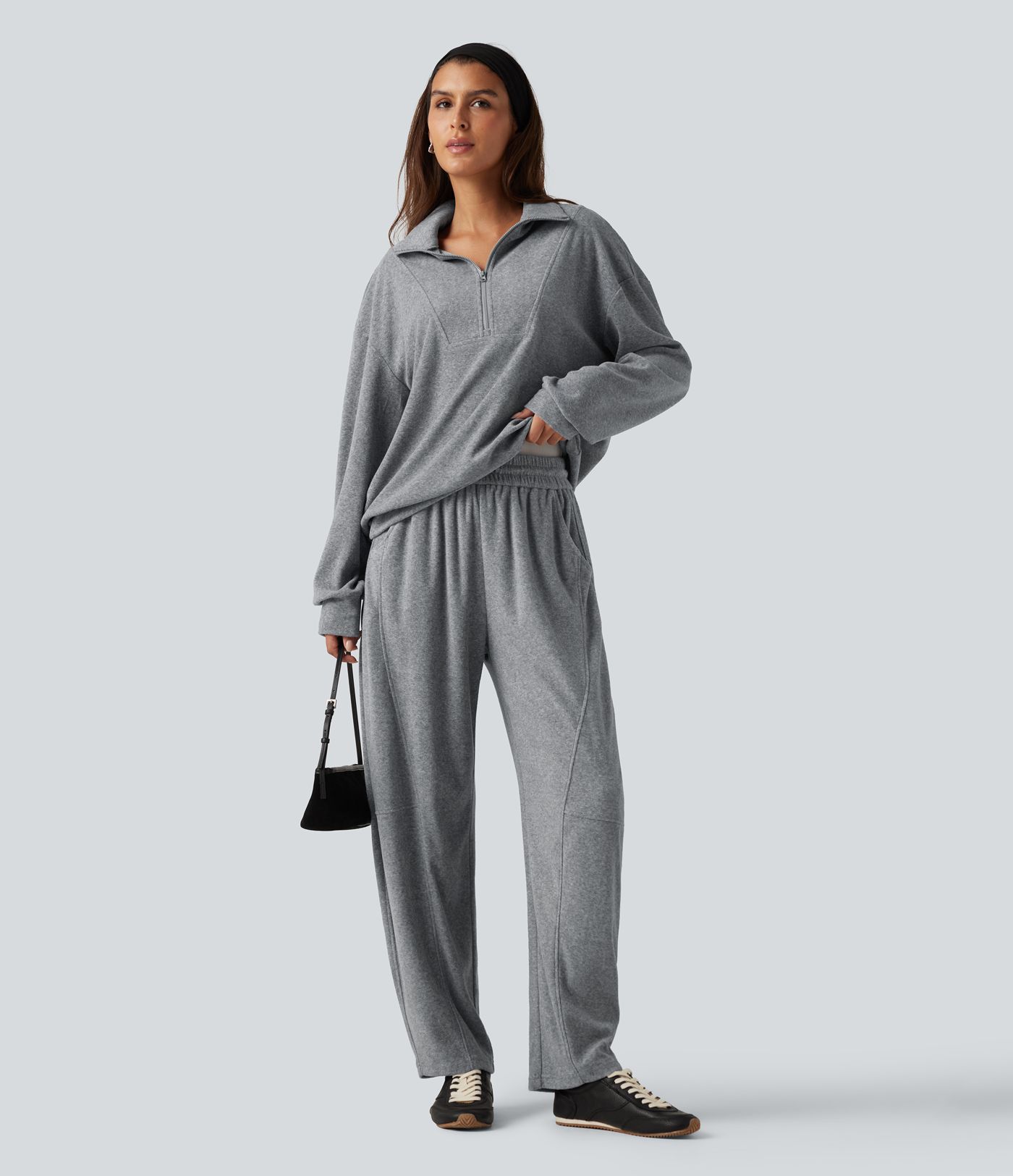 High Waisted Drawstring Barrel Leg Terry Casual Pants with Pockets