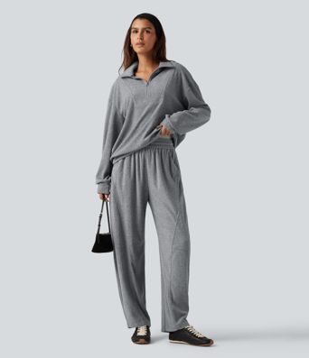High Waisted Drawstring Barrel Leg Terry Casual Pants with Pockets