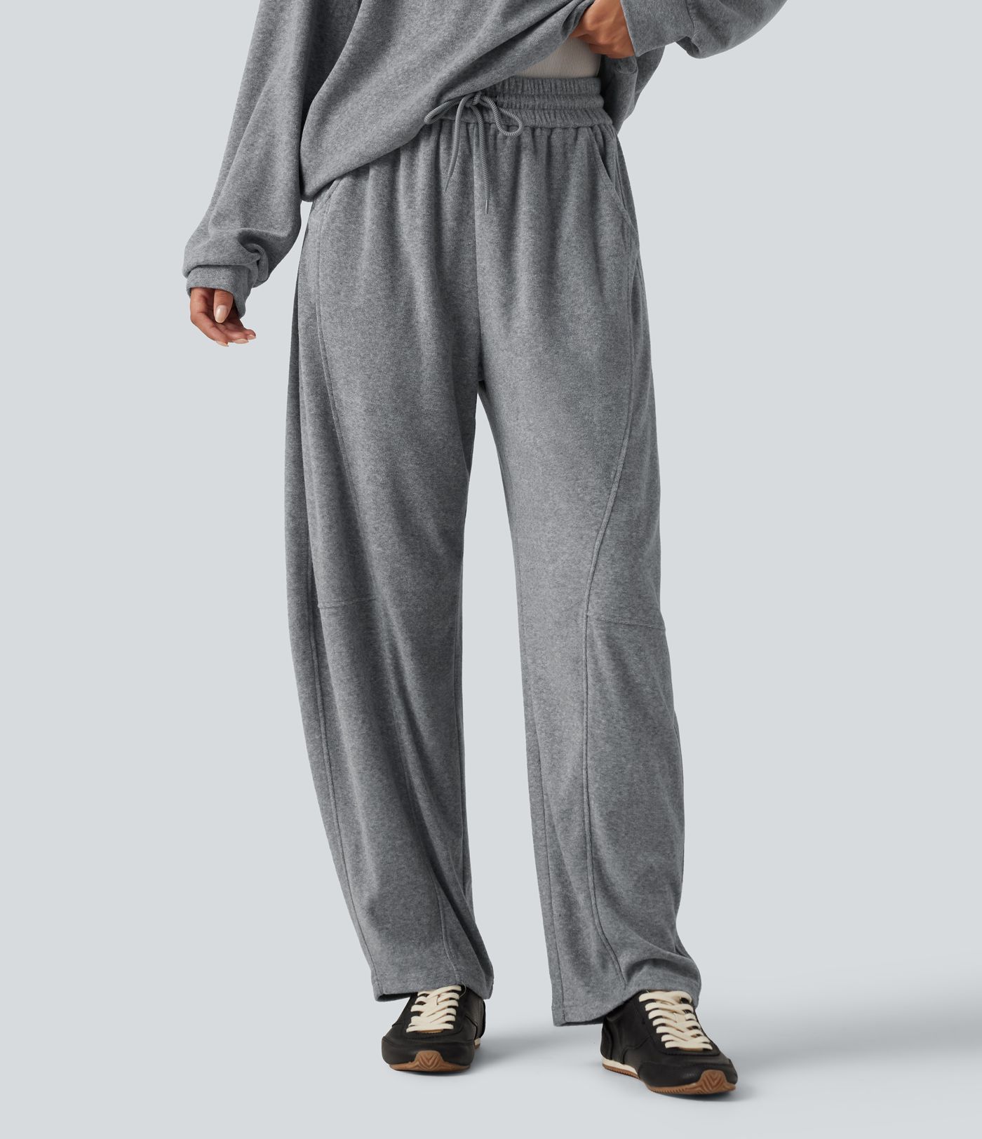 High Waisted Drawstring Barrel Leg Terry Casual Pants with Pockets