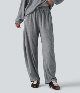 High Waisted Drawstring Barrel Leg Terry Casual Pants with Pockets