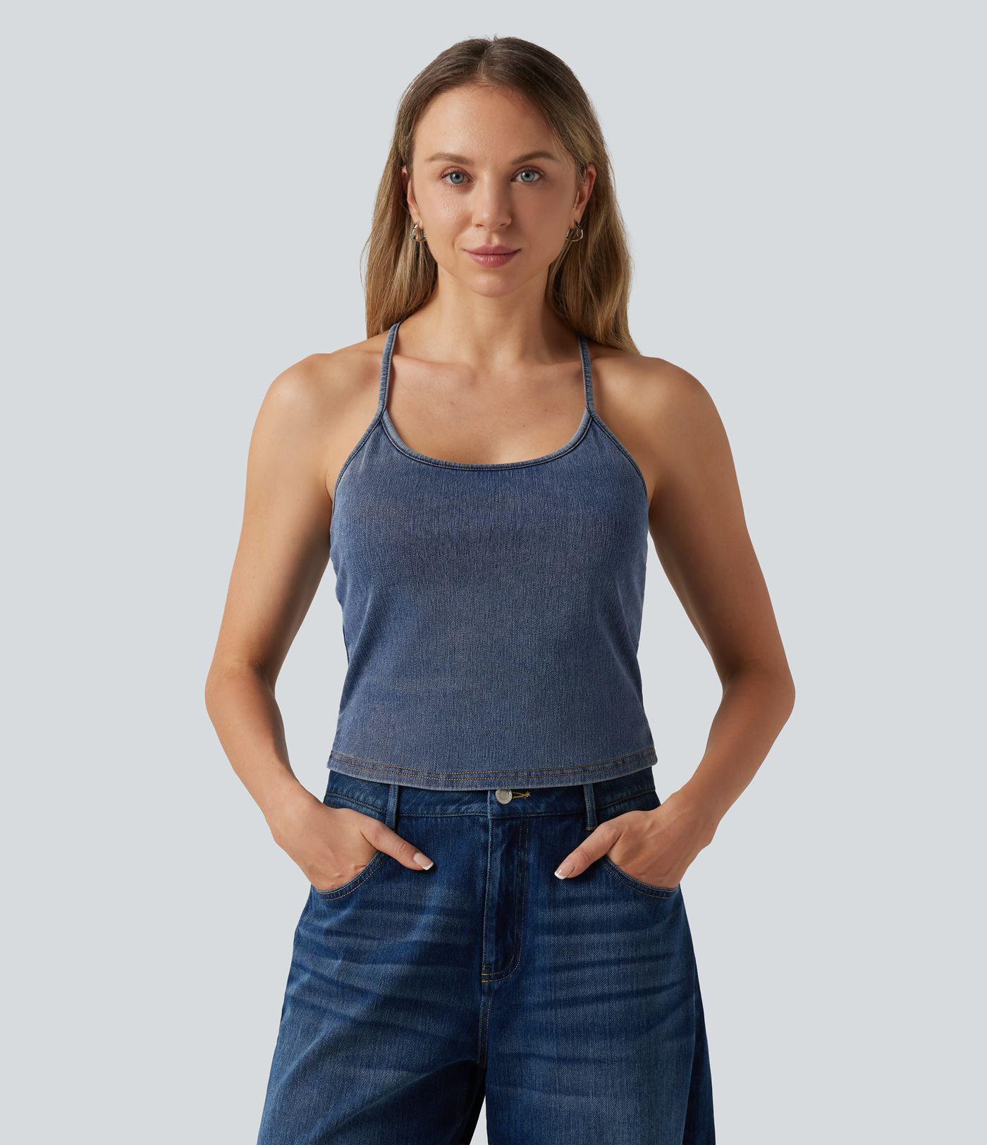 Halara Flex™ U Neck Built-in Bra Denim Casual Tank Top Halara Flex™ U Neck Built-in Bra Denim Casual Tank Top