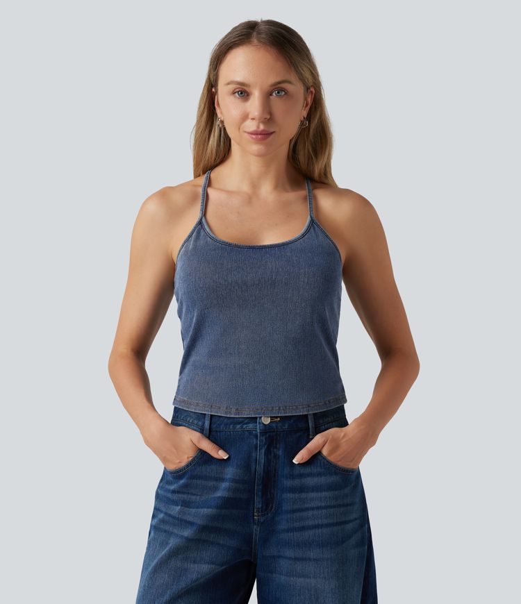 Halara Flex™ U Neck Built-in Bra Denim Casual Tank Top Halara Flex™ U Neck Built-in Bra Denim Casual Tank Top