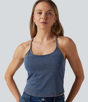 Halara Flex™ U Neck Built-in Bra Denim Casual Tank Top Halara Flex™ U Neck Built-in Bra Denim Casual Tank Top