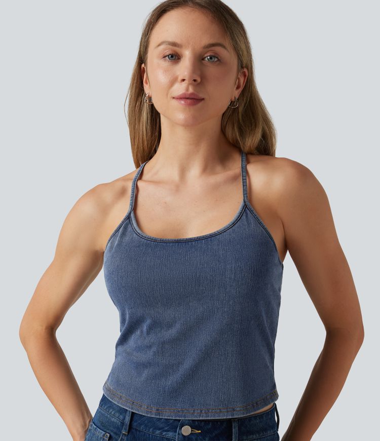 Halara Flex™ U Neck Built-in Bra Denim Casual Tank Top Halara Flex™ U Neck Built-in Bra Denim Casual Tank Top