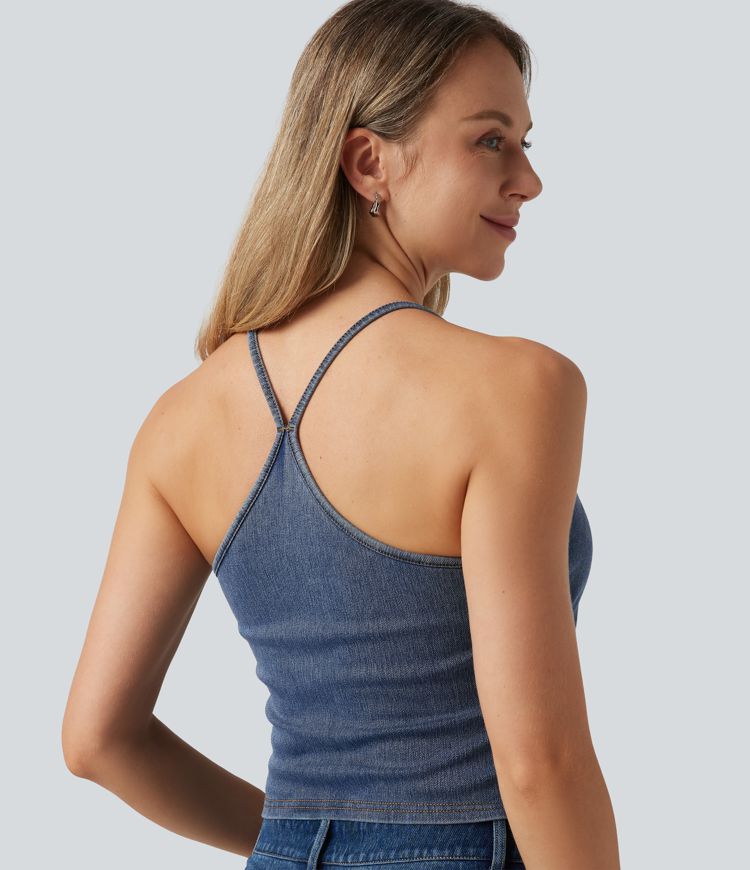 Halara Flex™ U Neck Built-in Bra Denim Casual Tank Top Halara Flex™ U Neck Built-in Bra Denim Casual Tank Top