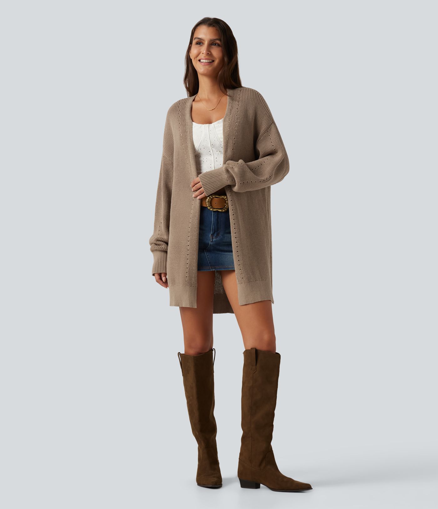 V Neck Open Front Long Sleeve Longline Casual Cardigan