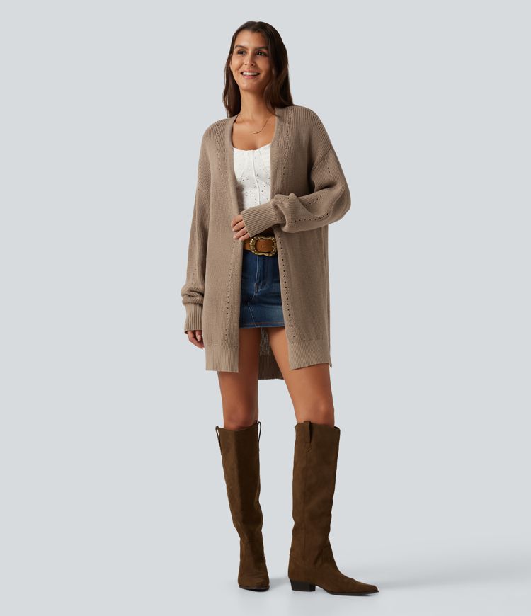V Neck Open Front Long Sleeve Longline Casual Cardigan