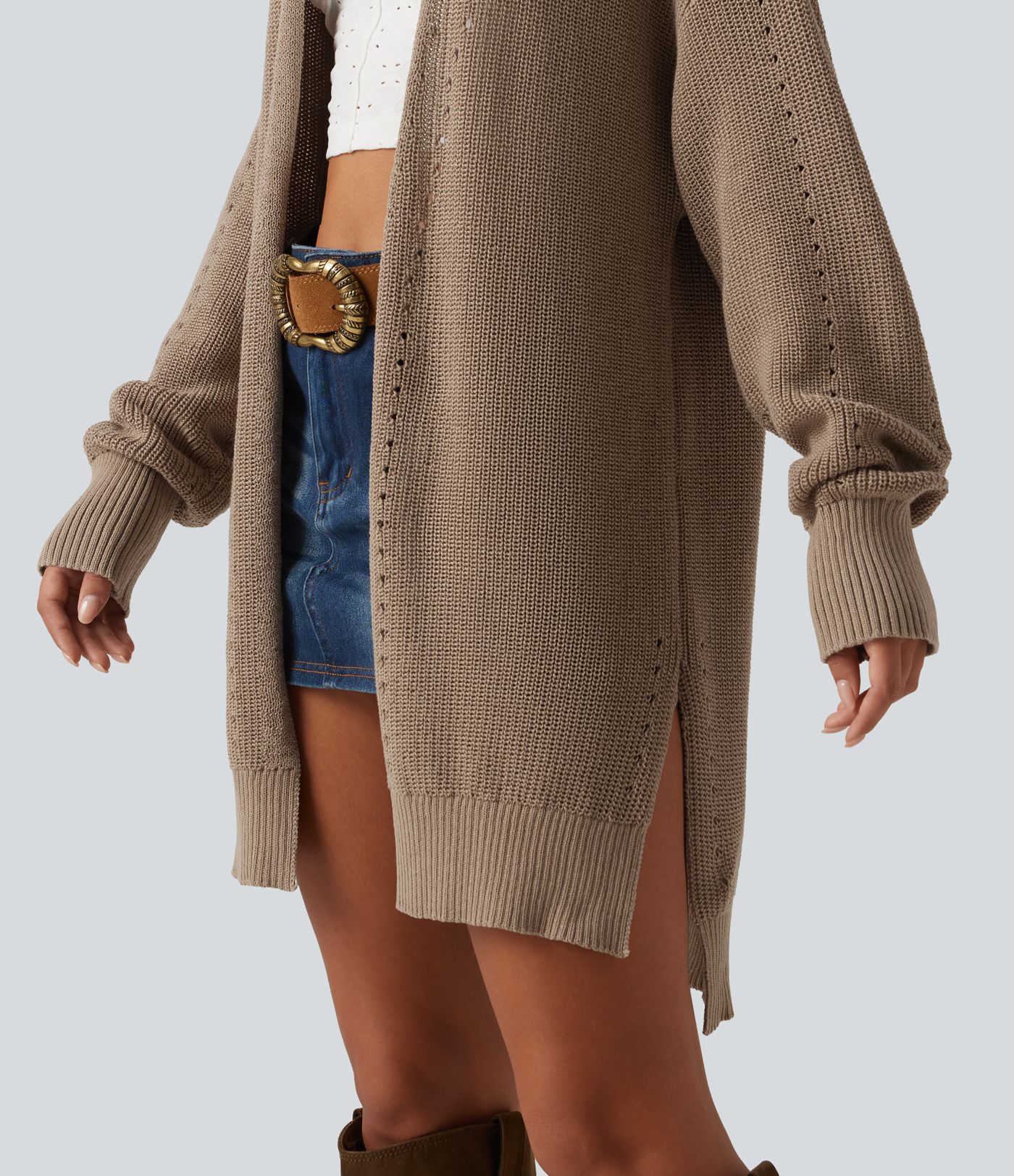 V Neck Open Front Long Sleeve Longline Casual Cardigan