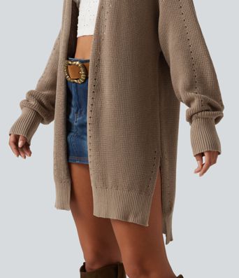 V Neck Open Front Long Sleeve Longline Casual Cardigan