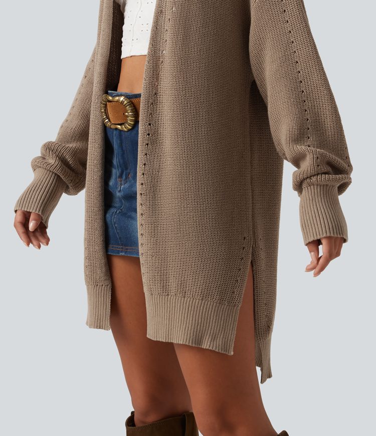 V Neck Open Front Long Sleeve Longline Casual Cardigan