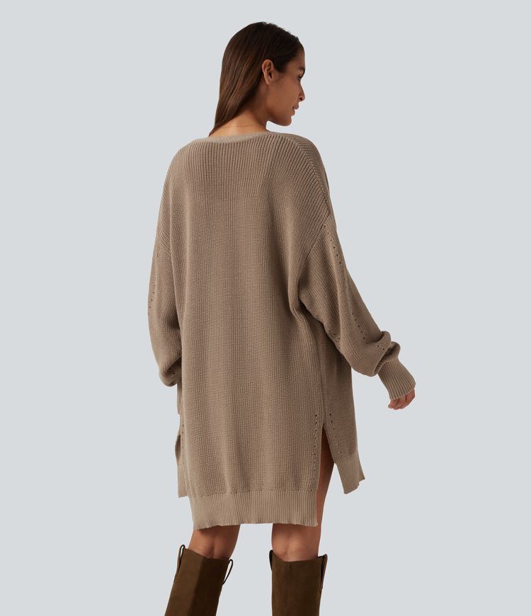 V Neck Open Front Long Sleeve Longline Casual Cardigan