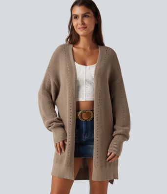 V Neck Open Front Long Sleeve Longline Casual Cardigan
