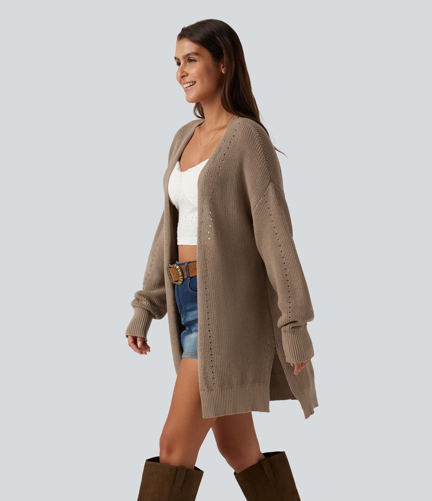 V Neck Open Front Long Sleeve Longline Casual Cardigan