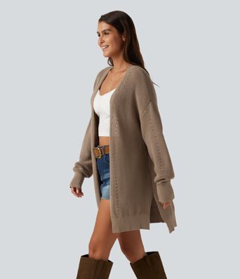 V Neck Open Front Long Sleeve Longline Casual Cardigan