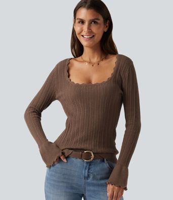 Square Neck Long Sleeve Casual Sweater