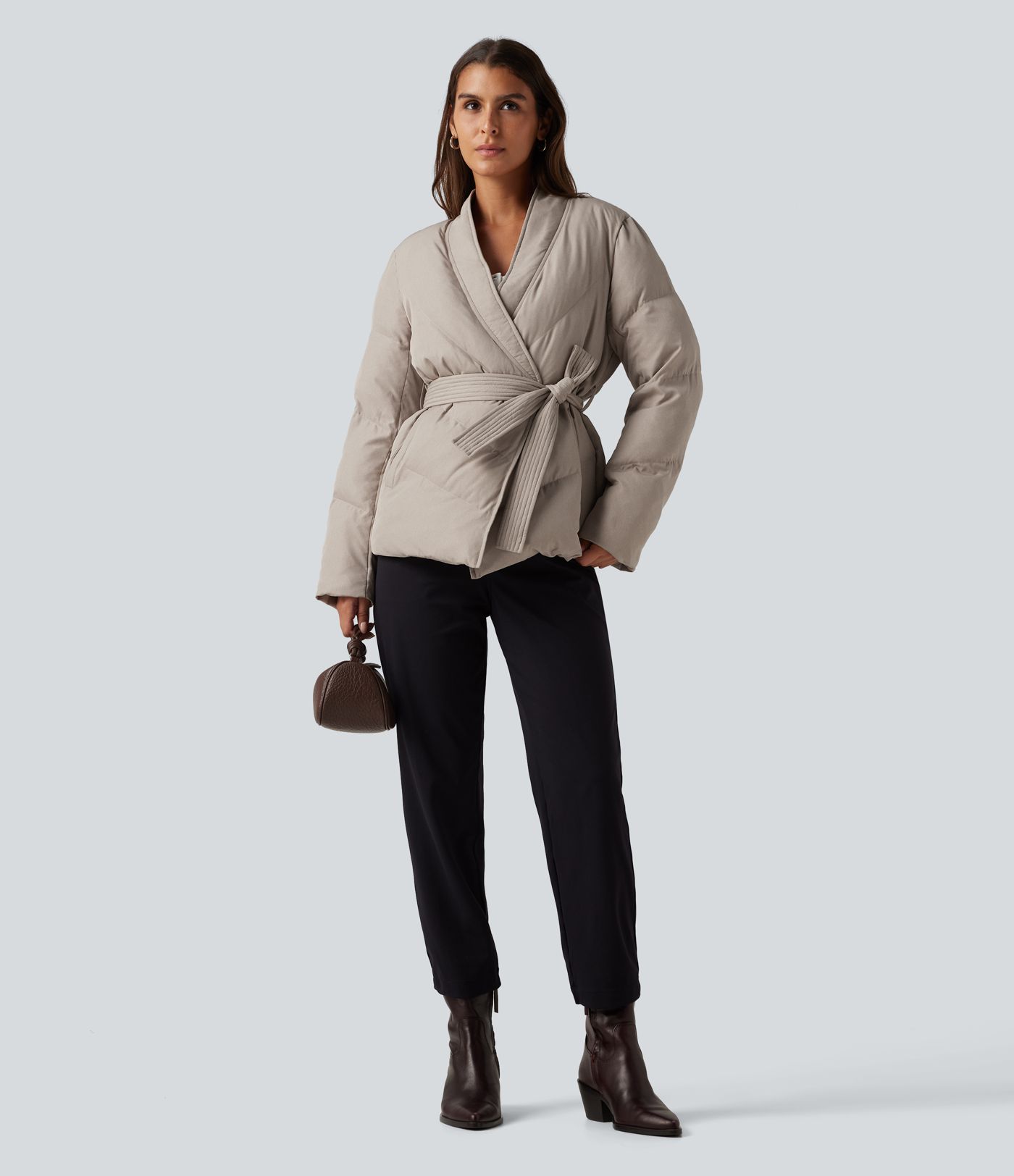 V Neck Long Sleeve Belted Casual Down Jacket with Pockets