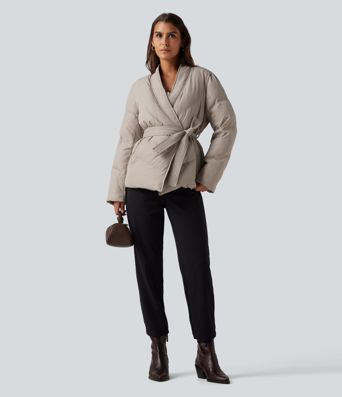V Neck Long Sleeve Belted Casual Down Jacket with Pockets