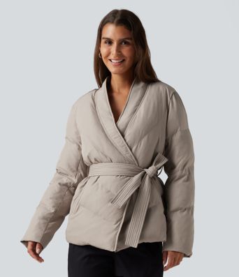 V Neck Long Sleeve Belted Casual Down Jacket with Pockets