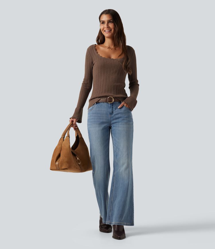 Square Neck Long Sleeve Casual Sweater