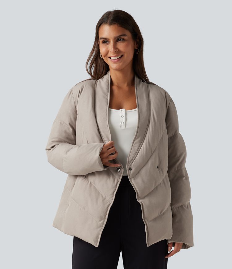 V Neck Long Sleeve Belted Casual Down Jacket with Pockets