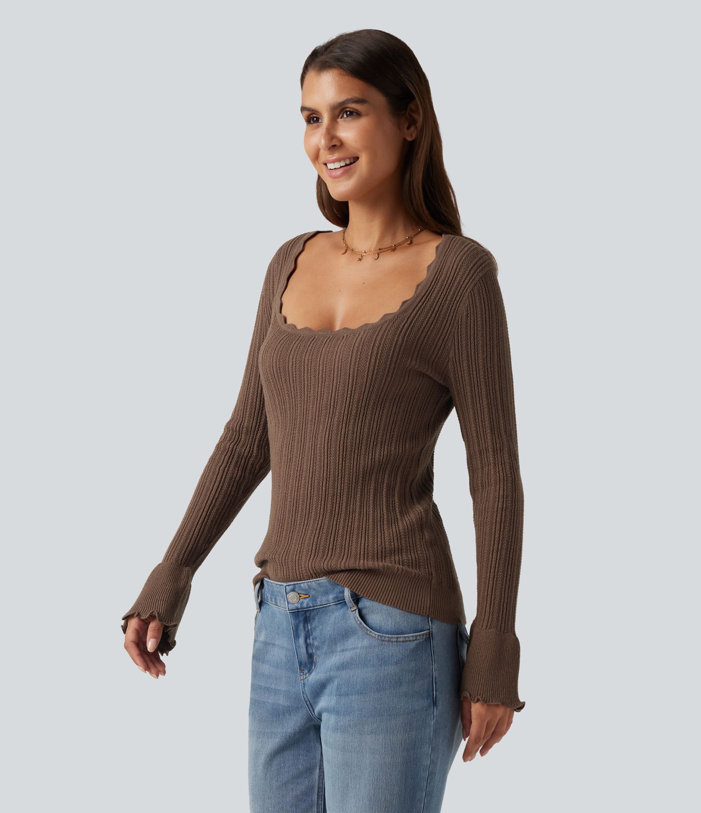 Square Neck Long Sleeve Casual Sweater