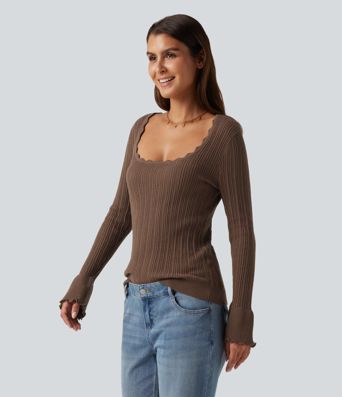 Square Neck Long Sleeve Casual Sweater