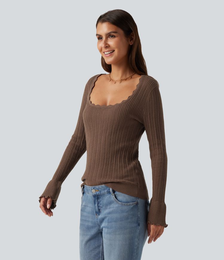 Square Neck Long Sleeve Casual Sweater