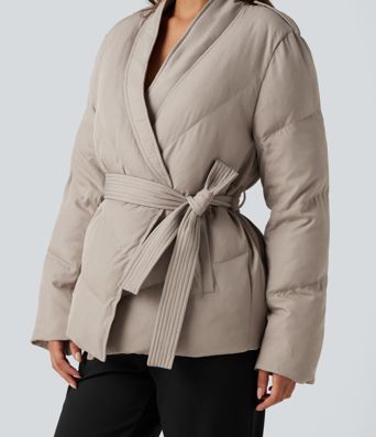 V Neck Long Sleeve Belted Casual Down Jacket with Pockets