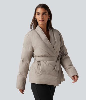 V Neck Long Sleeve Belted Casual Down Jacket with Pockets