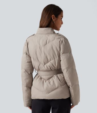 V Neck Long Sleeve Belted Casual Down Jacket with Pockets