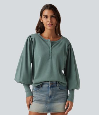 Henley Neck Puff Long Sleeve Relaxed Work Sweater